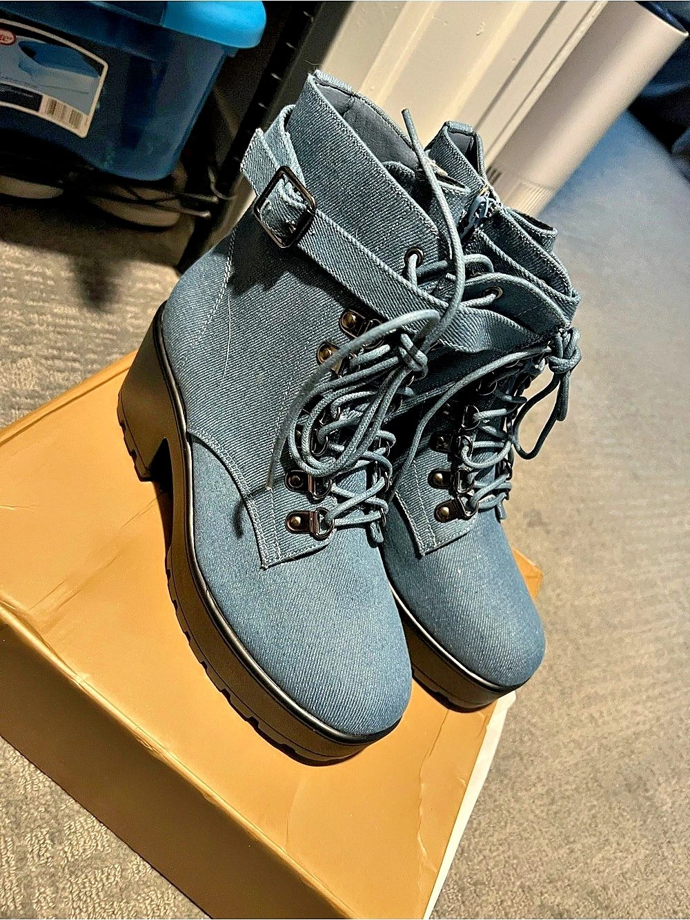 Denim  Lace-Up Combat Boots  New